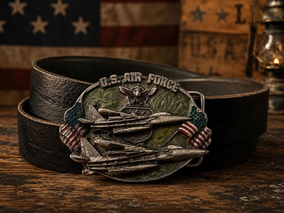 Vintage United States Air Force Belt Buckle with Handmade Leather Belt | Heavy Solid Pewter | Military Collectible | Gift for Veteran