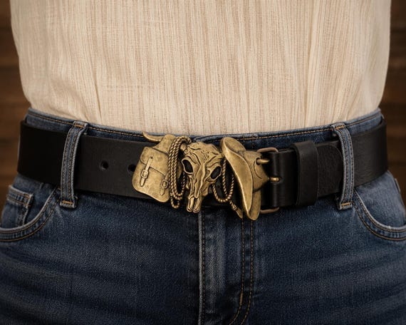 Vintage 1980s Brass Texas Longhorn Belt Buckle, Cowboy Western Style with Custom Genuine Leather Belt