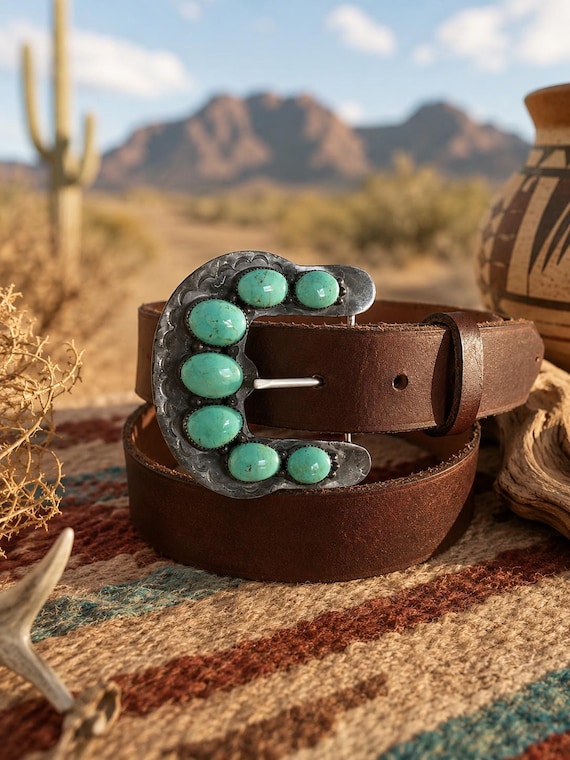 Turquoise Western Belt Buckle & Handmade Leather Belt | Sterling Silver Style Buckle | Custom Leather Belt | Boho Southwestern Gift Ranger B