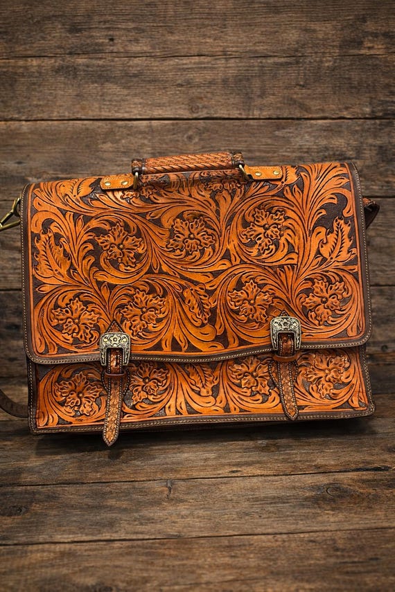 Hand-Carved Leather Laptop Briefcase (Fits Laptop & Supplies)