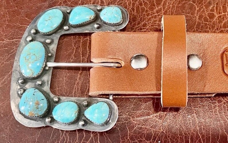 Southwestern Sterling Ranger B Turquoise Belt Buckle – Handmade Cowgirl Western Leather Belt image 7