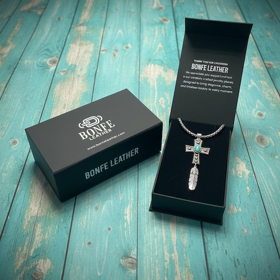 Southwestern Cross and Feather Necklace White Brass with Turquoise