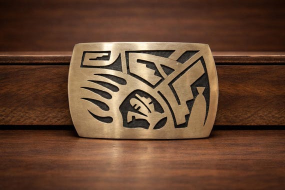 Signed Hopi Sterling Silver Southwestern Belt Buckle – Bear Paw Overlay – Vintage Hallmarked "A", w/ English Bridle Belt.