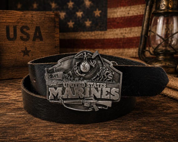 Vintage United States Marines Belt Buckle with Handmade Leather Belt | Heavy Solid Pewter | Military Collectible | USMC Gift for Veteran