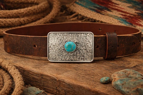Sterling Silver Turquoise Belt Buckle & Leather Belt – Handmade Hammered Silver Buckle – Western Boho Southwestern Unisex Belt