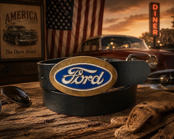 Vintage Ford Belt Buckle with Handmade Genuine Leather Belt | Classic Ford Buckle Collection | Americana Automotive Gift | Custom Belt