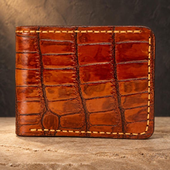 American Alligator Bifold Wallet, Hand Cut & Hand Stitched, Genuine Alligator Inside and Out, Cognac Leather Wallet