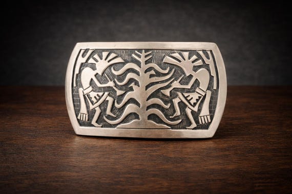 Vintage Hopi Sterling Silver Kokopelli Belt Buckle, Signed S. Tom Southwestern Overlay, w/ Premium Custom Genuine Leather Belt
