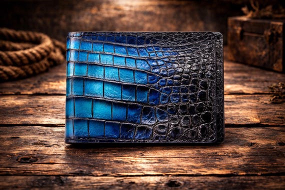 Men's Handmade Alligator Wallet, Black & Blue Two-Tone (Compact Billfold)