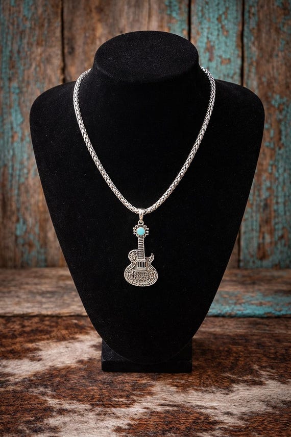 Handcrafted White Brass Guitar Pendant Necklace with Turquoise