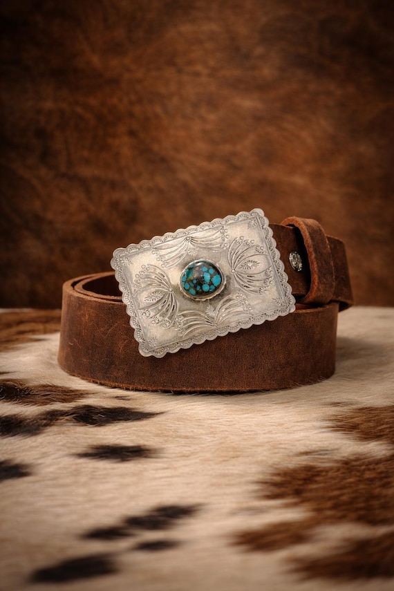 Vintage NOS Southwestern Turquoise Sterling Silver Belt Buckle, Optional Leather Belt