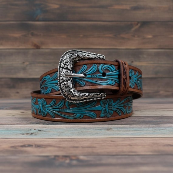 Southwestern Leather Belt, Southwestern Hand-Carved Turquoise Brown (Custom Fit)