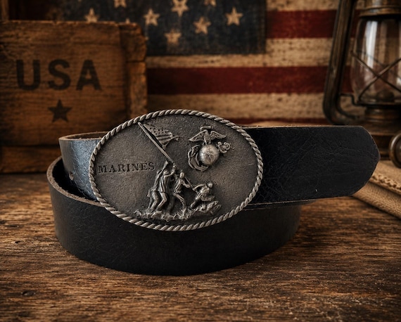 Vintage United States Marines Belt Buckle with Handmade Leather Belt | Heavy Solid Pewter | Military Collectible | USMC Gift for Veteran