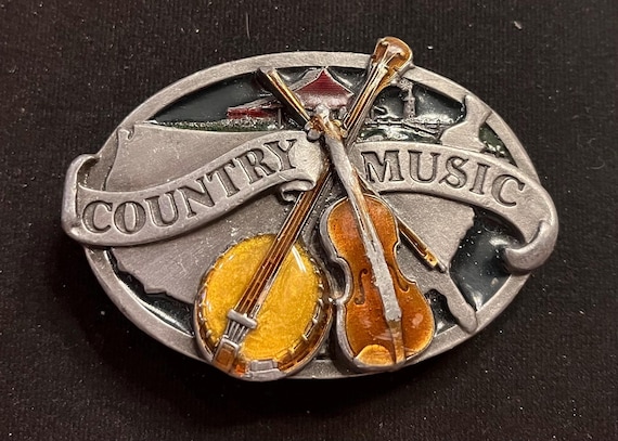Vintage Country Music Belt Buckle with Handmade Leather Belt – Banjo & Fiddle Western Buckle – 1984 Siskiyou Pewter Country Music Gift