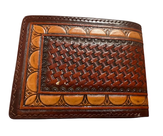 Hand Carved Leather Wallet - Basketweave Billfold for Men