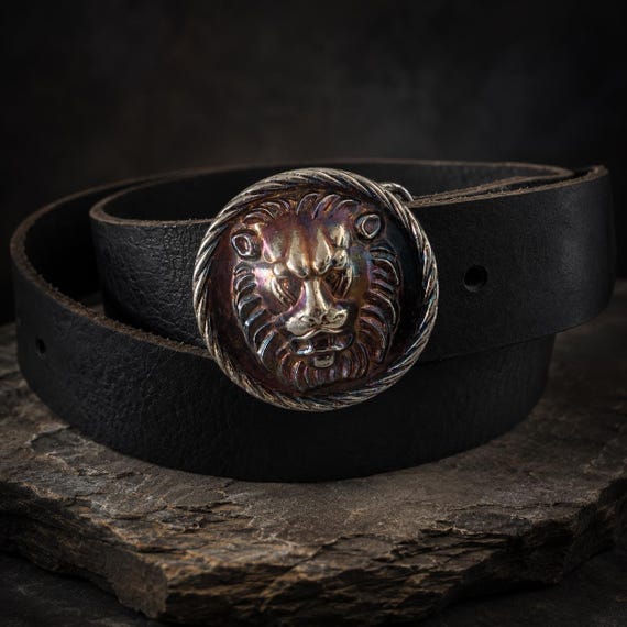 Vintage Lion Head Belt Buckle with Custom Leather Belt, Medieval Lion Buckle, Heraldic Lion Belt, Handmade Leather Belt
