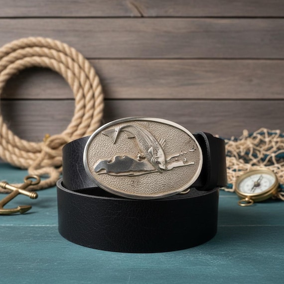 Striped Bass Buckle, Long Island Map, by Silversmith Andrew Bourbon | Custom Genuine Leather Belt | Nautical Gift Coastal Ocean Lover