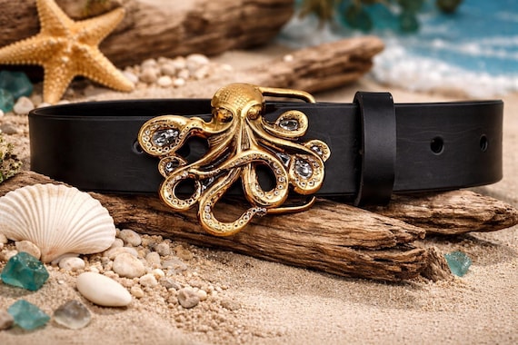 Octopus Belt Buckle - Richard Kaish | Coastal Accessory | Custom Genuine Leather Belt | Nautical Gift Coastal Ocean Lover