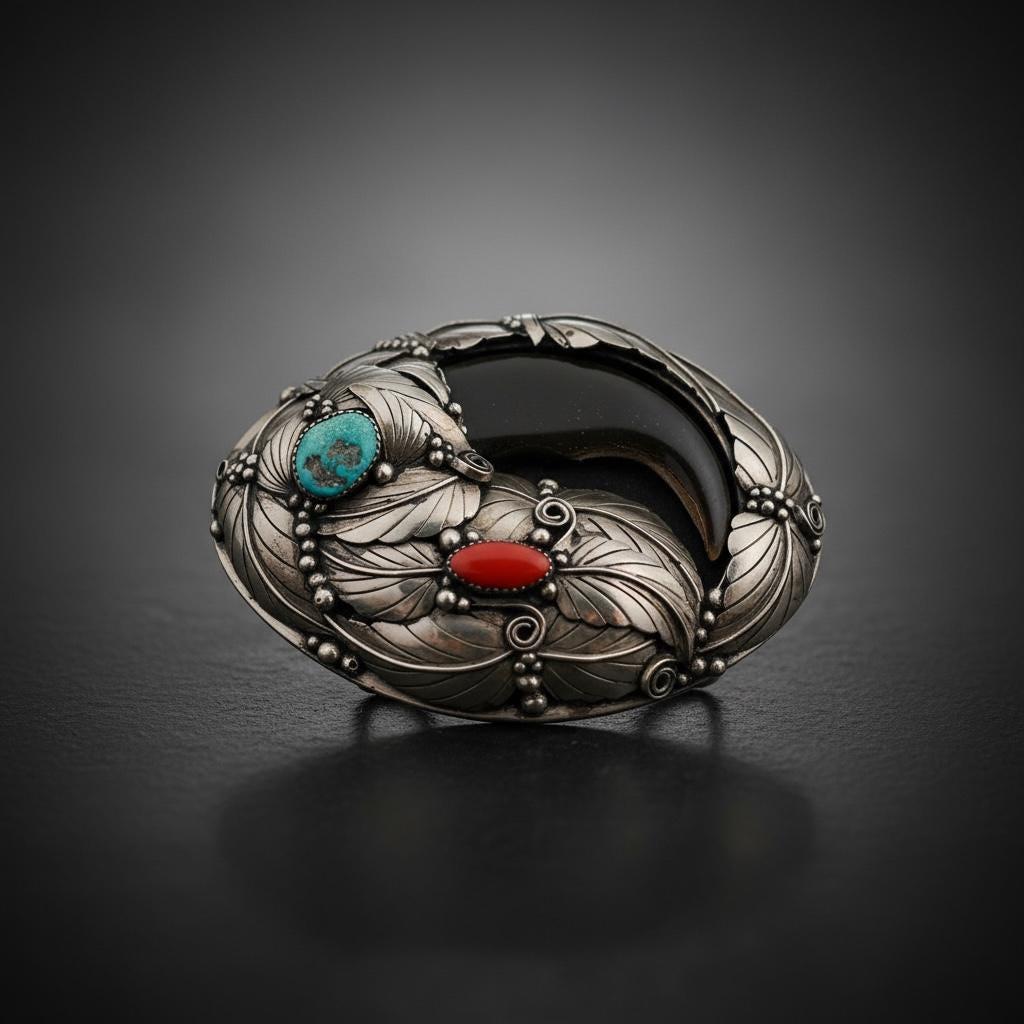 Vintage Navajo Bear Claw Belt Buckle - Turquoise & Coral Inlay - Nickel…