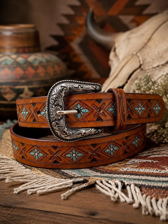 Southwestern Hand-Carved Leather Belt: Diamond Design (Custom Fit)