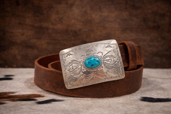 Vintage NOS Southwestern Turquoise Sterling Silver Belt Buckle, Optional Leather Belt