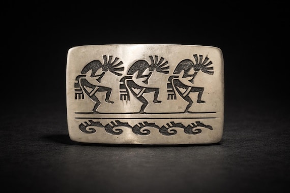 Vintage Southwestern Belt Buckle, Kokopelli Dancers Sterling Silver, with Optional Leather Belt
