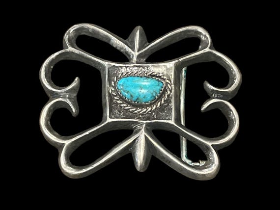 Vintage Turquoise Southwestern Belt Buckle | Silver Tone Scroll Western Style with Custom Genuine Leather Belt