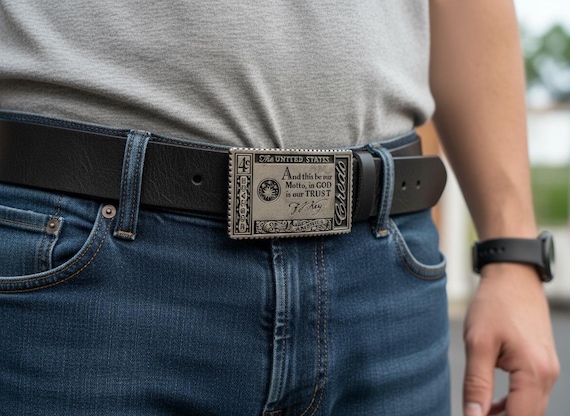 Vintage Belt Buckle Commemorative Stamp Credo USA "In God We Trust", Optional Belt