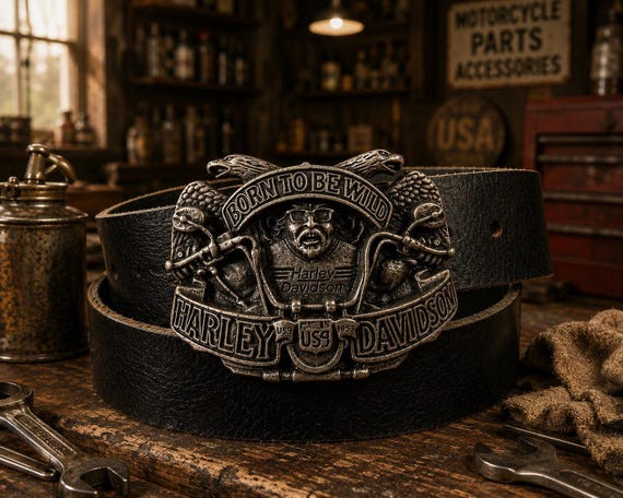 Vintage Harley-Davidson “Born to Be Wild” Belt Buckle with Handmade Genuine Leather Belt | Vintage Motorcycle Collector Gift | USA Gift