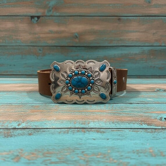 Southwestern Turquoise Belt Buckle with Genuine Leather Belt