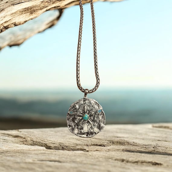 Handcrafted White Brass Sand Dollar Pendant with Turquoise, Includes Necklace