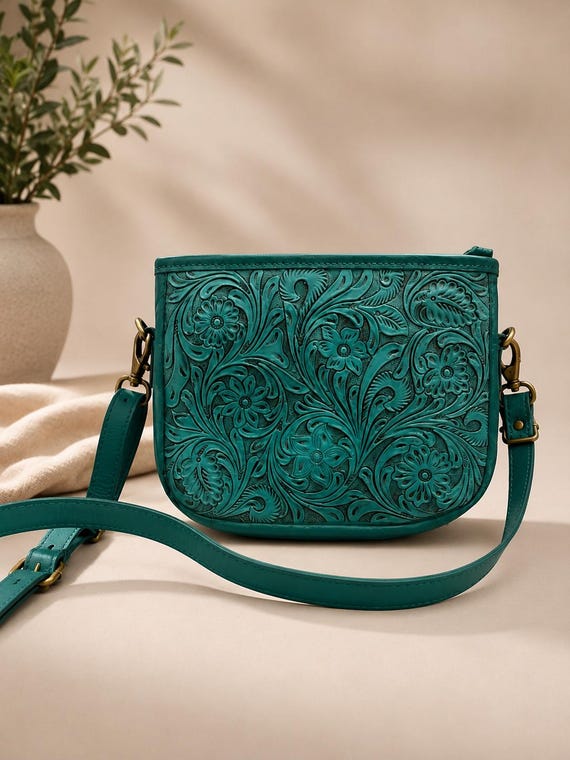 Hand Tooled Leather Crossbody Purse, Turquoise| Genuine Leather Floral Tooled Handbag | Western Boho Shoulder Bag