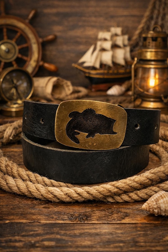 Solid Brass Fish Belt Buckle with Custom Leather Belt – Bass Sportman Nautical Statement (1979)