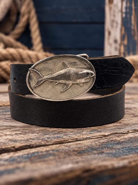 Nautical Shark Belt Buckle with Custom Genuine Leather Belt | Nautical Coastal Accessory for Fisherman | Gift for Him