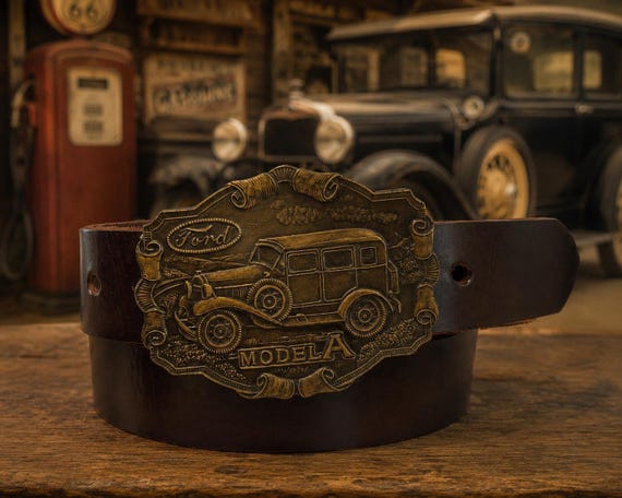Vintage Ford Model A Belt Buckle with Handmade Genuine Leather Belt | Solid Brass Collector Buckle | Classic Car Gift | Choice of Designs