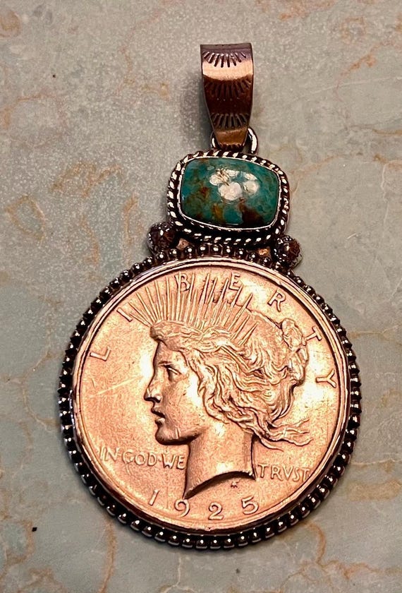 Genuine Southwestern style Peace Silver Dollar Coin, with Kingman Turquoise cabochon