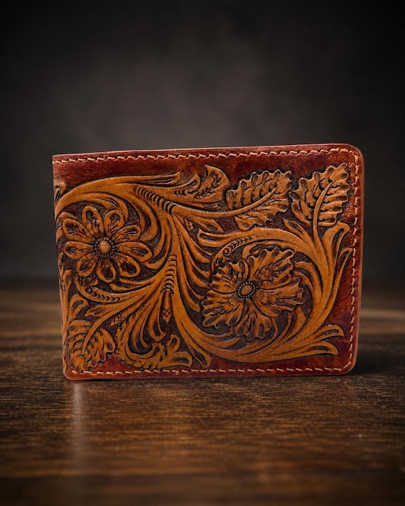 Men’s Leather Wallet: Hand Carved Design - Compact Bifold