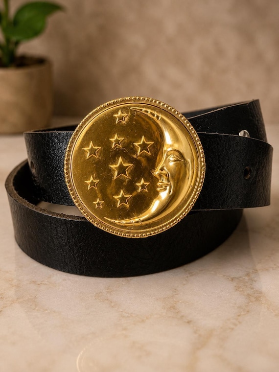 Celestial Moon & Stars Brass Belt Buckle with Handmade Leather Belt by Bonfe Leather | Vintage Moon Face Western Belt