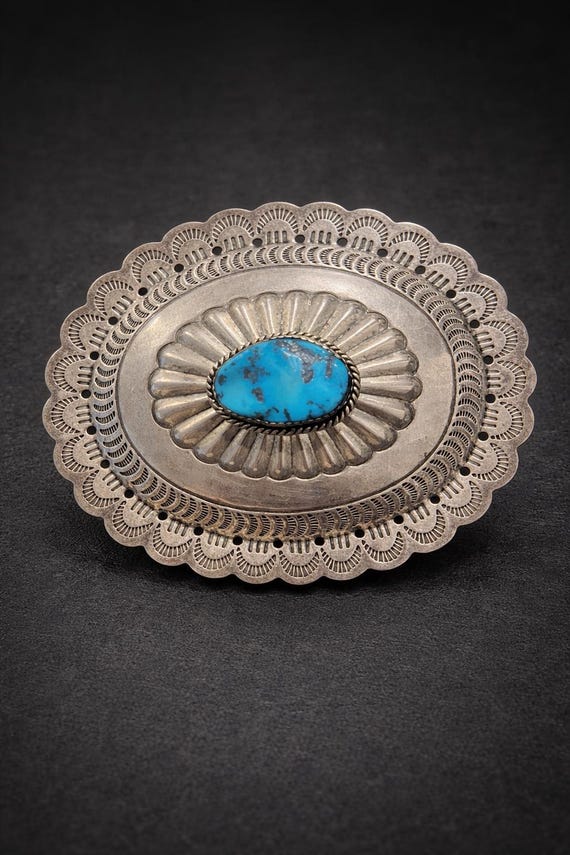 Vintage Sterling Silver Concho Belt Buckle – Turquoise Southwestern Design – Signed LJ