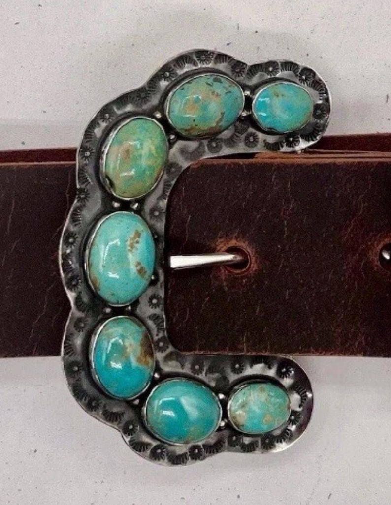Southwestern Sterling Ranger B Turquoise Belt Buckle – Handmade Cowgirl Western Leather Belt image 9