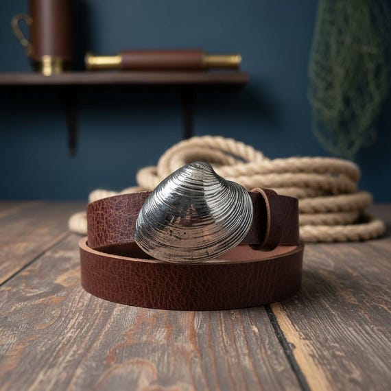 Coastal Clam Shell Statement Belt – White or Yellow Brass, Leather Nautical Fashion