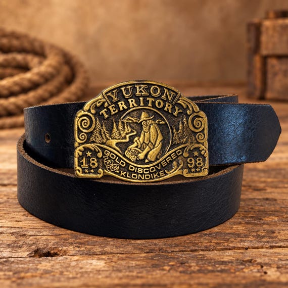 Yukon Territory Cowboy belt buckle, Custom Genuine Leather Belt, Western Belt, Handcut Belt Cowhide or Buffalohide