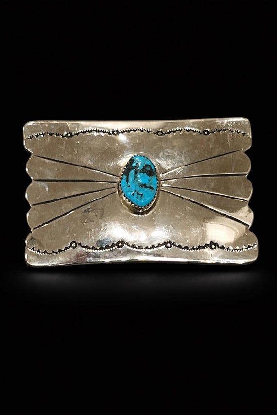Vintage Navajo Turquoise Belt Buckle – Nickel Silver CR Signed Western Buckle