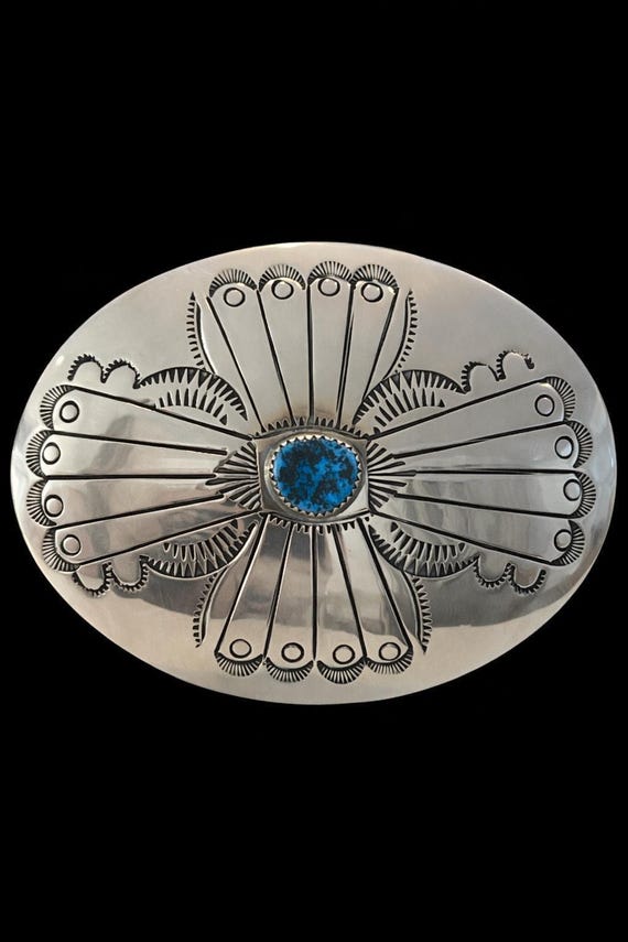 Vintage Native American Sterling Silver Turquoise Belt Buckle – Signed JB – with Custom Genuine Leather Belt Handmade Leather Belt
