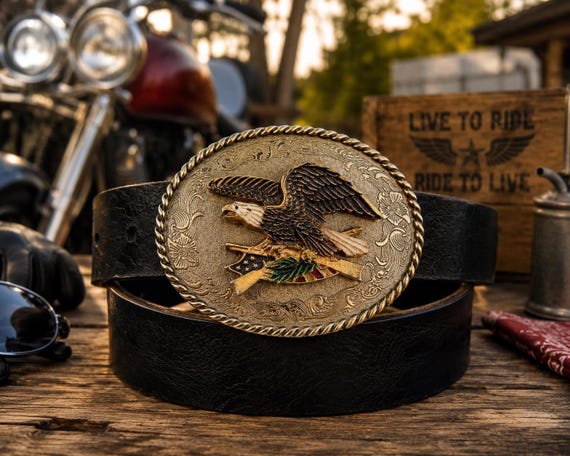 Vintage Motorcycle Eagle Belt Buckle with Custom Genuine Leather Belt |Patriotic Brass Collector Buckle | Motorcycle Bike Rider Belt Gift