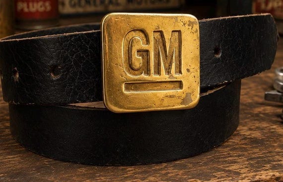 Vintage GM Brass Belt Buckle with Genuine Leather Belt | Classic Car Collector Accessory