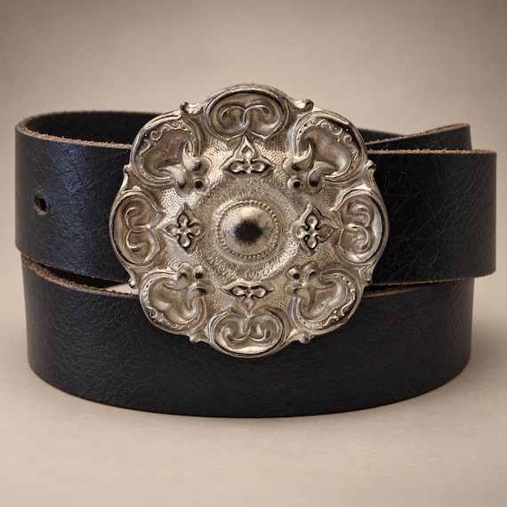 Vintage Victorian Belt Buckle & Custom Genuine Leather Belt, Ornate Silver Tone Medallion, Renaissance Statement Belt, Made in Italy
