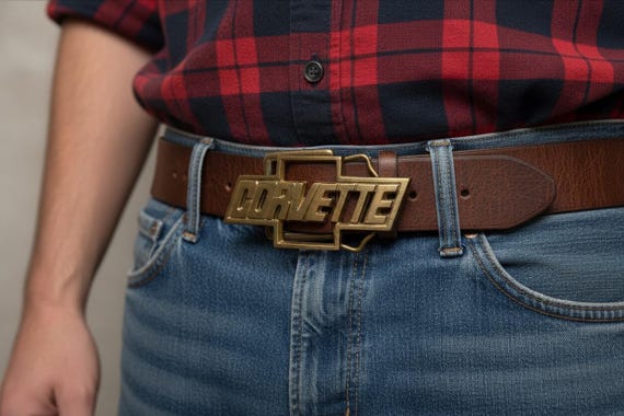 Vintage Belt Buckle CORVETTE, Solid Brass, Optional Belt