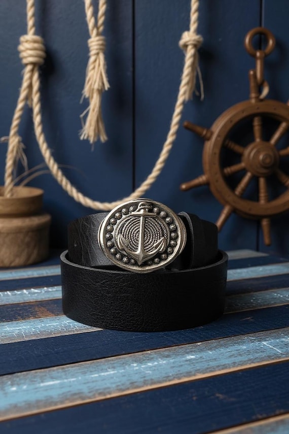Nautical Brass Belt Buckle, Anchor with Beaded Edge - Handmade Leather Belt
