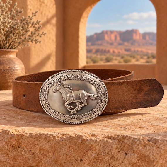Handmade Southwestern Horse Belt, Floral Cowgirl Leather Belt, Rodeo Style